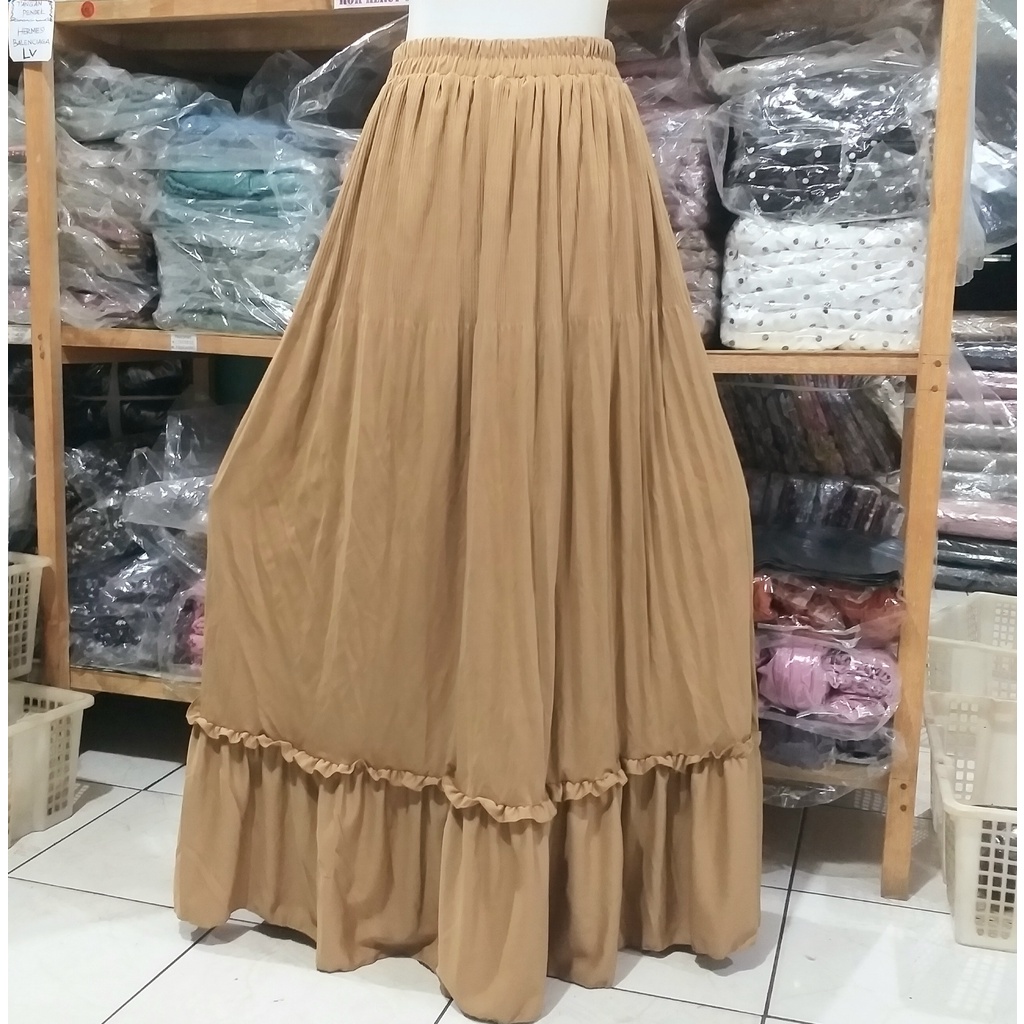 Rok panjang Plisket Lidi Cabang Rok muslim/Mayung/Payung Longgar/jumbo Bawahan Terbaru Termurah Terlaris-Mocca muda