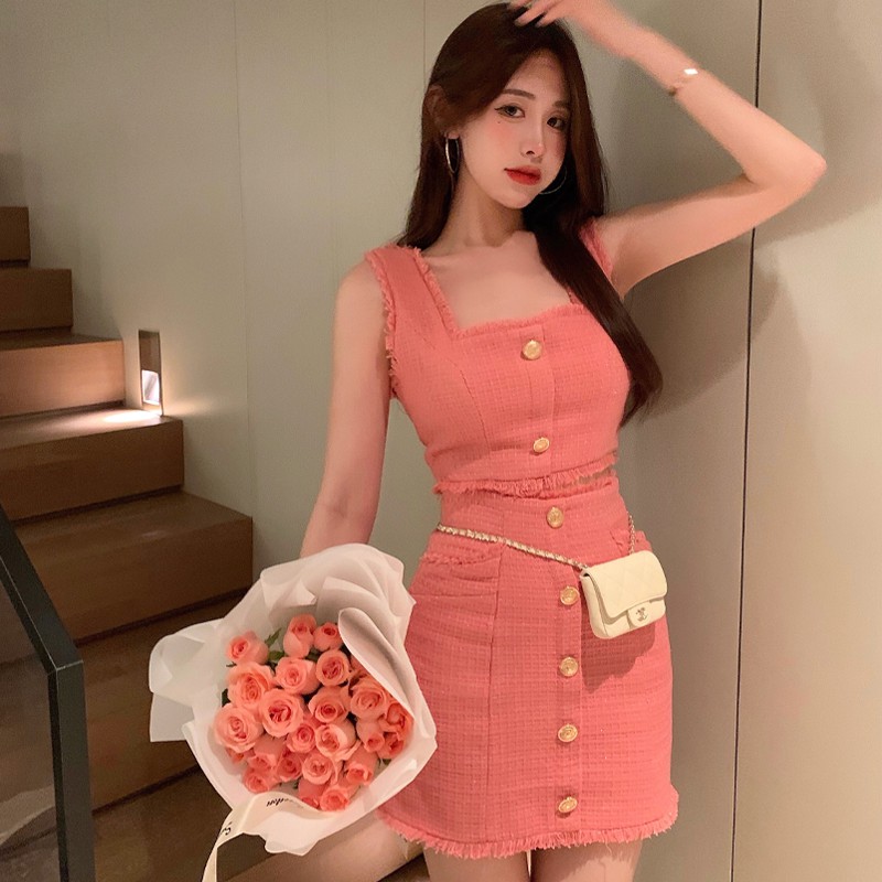 Suhao Musim Panas Baru Imperial Suster Xiao Fragrance Chic Set Perancis Retro Xiao Zhong Tea Break Balon Bunga String Dress