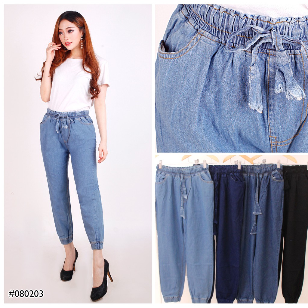 Celana Panjang Jeans Jogger Pinggang Karet Tali Biru Bawahan Wanita Santai Trendy Murah