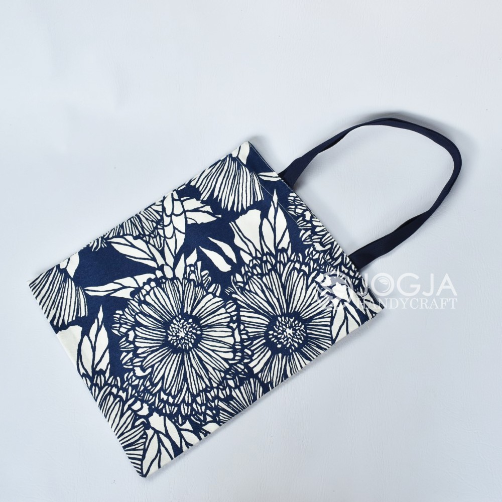 TOTE BAG CANVAS FLOWER NAVY GOOD QUALITY WITH RESLETING