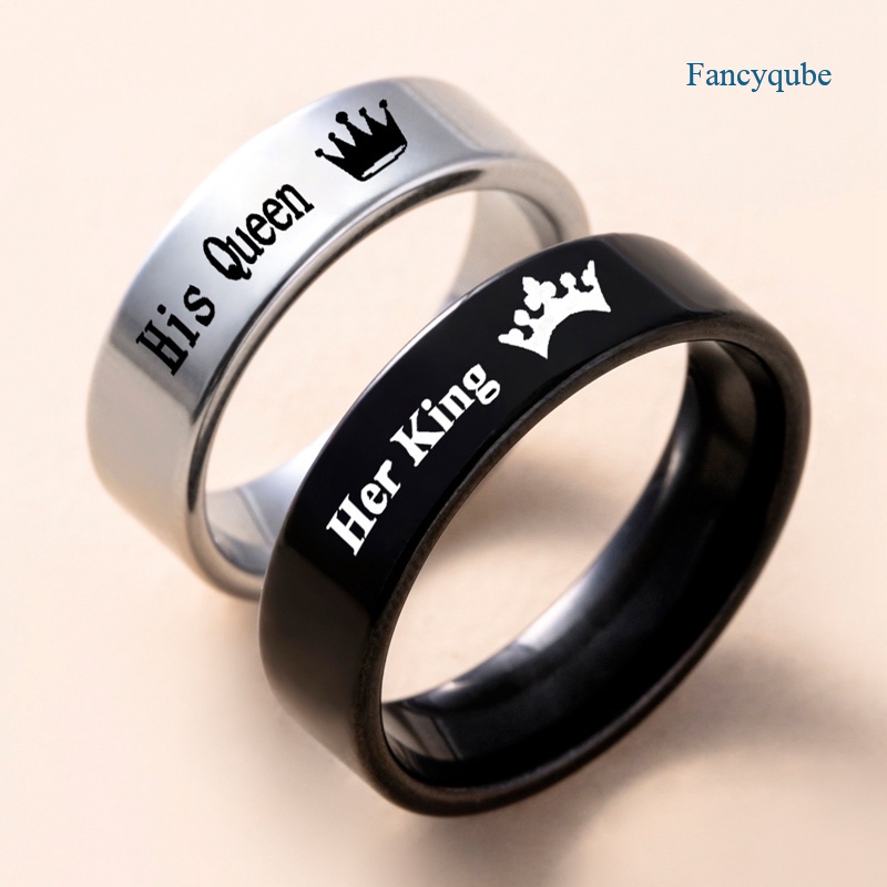 Fancyqube 1 Pasang Cincin Pasangan Desain Her King Dan His Queen Bahan Stainless Steel Untuk Pria Dan Wanita