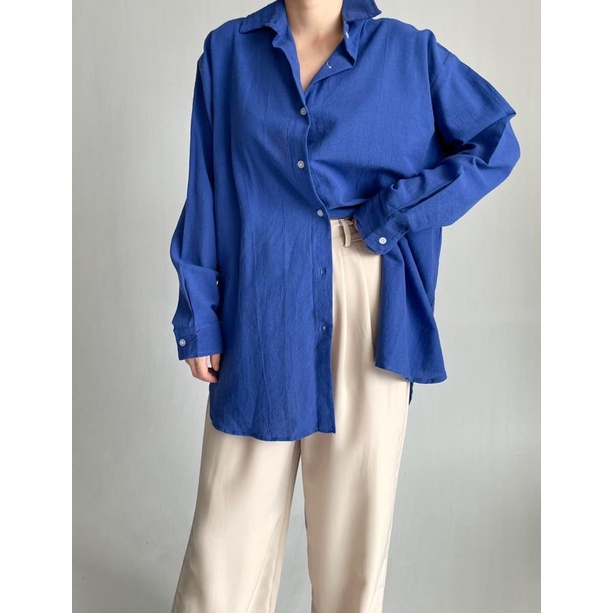 Blouse atasan wanita linen BIG SALE oversize shirt - kemeja basic polos wanita oversize bigsize jumbo blouse lengan panjang atasan formal kerja linen premium