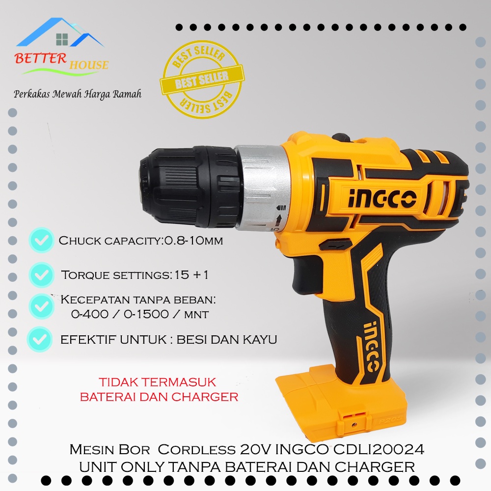 MESIN BOR CORDLESS 20V INGCO CDLI20024 UNIT ONLY