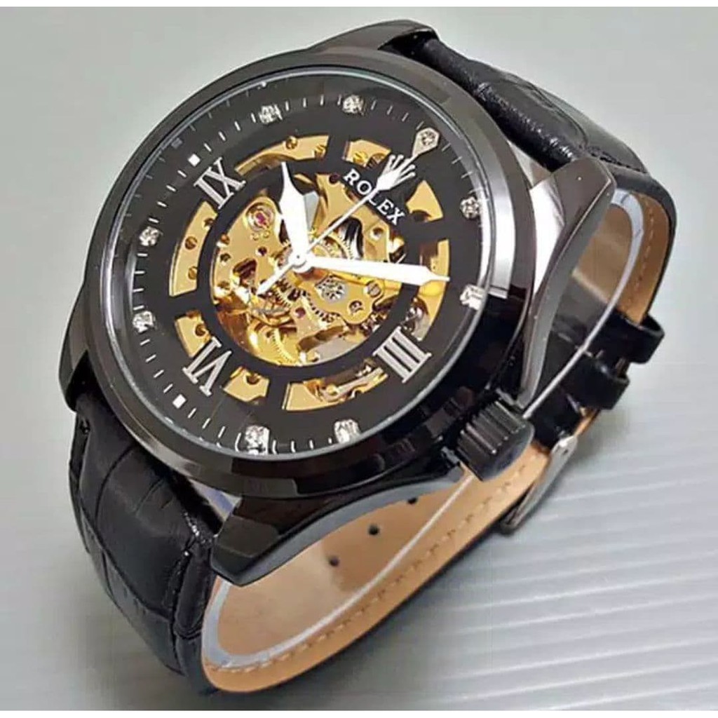 Jam Tangan Pria Rolex Automatic Transparan Hitam Tali  Kulit | Jam Tangan Murah
