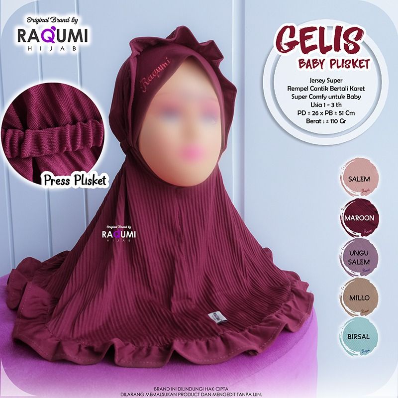 GELIS BABY PLISKET ORIGINAL RAQUMI HIJAB | JILBAB ANAK 1-3 TAHUN | JILBAB ANAK PLISKET | JERSEY