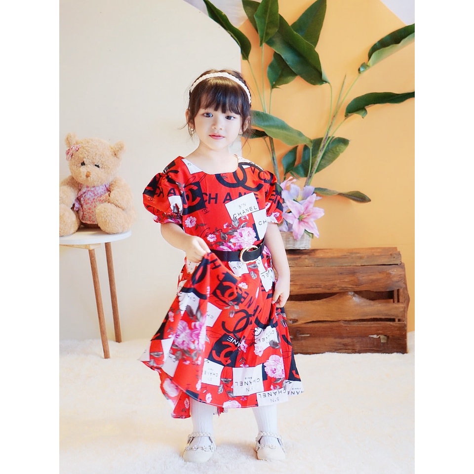 Promo !! Dress anak cewek import / dress flower much chanel uk 3-7th (Pink,Kuning,Navy,Dusty,Merah)