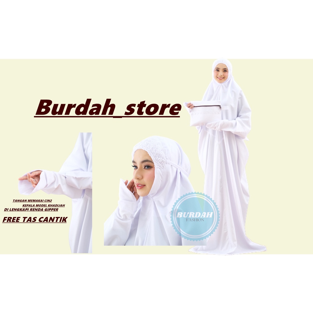 BURDAH - Mukena Terusan Burdah Putih Polos Renda Khadijah Katun Mikro
