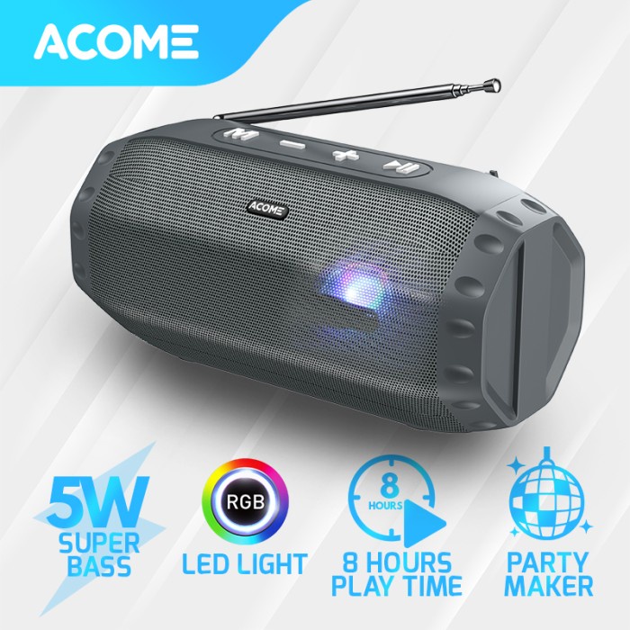 Acome Speaker Tws 8W Super Bass Bluetooth 5.0 Hi-Fi Rgb Party Maker A3 - Grey
