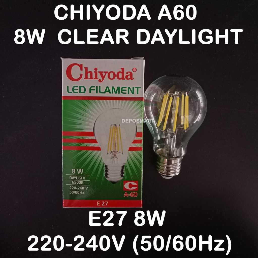 LAMPU LED FILAMENT CHIYODA A60 CLEAR DAYLIGHT 8W E27 220V PUTIH