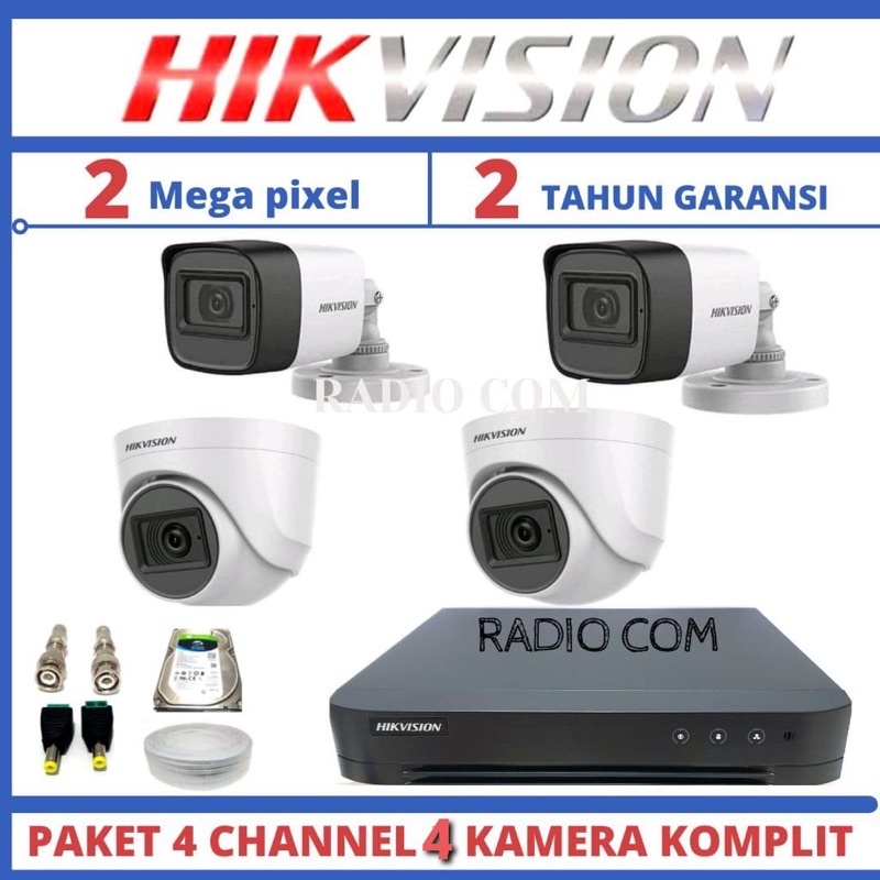 paket cctv hikvision 4 channel 4 camera 1080p turbo hd tvi (2 indoor+2 outdoor)