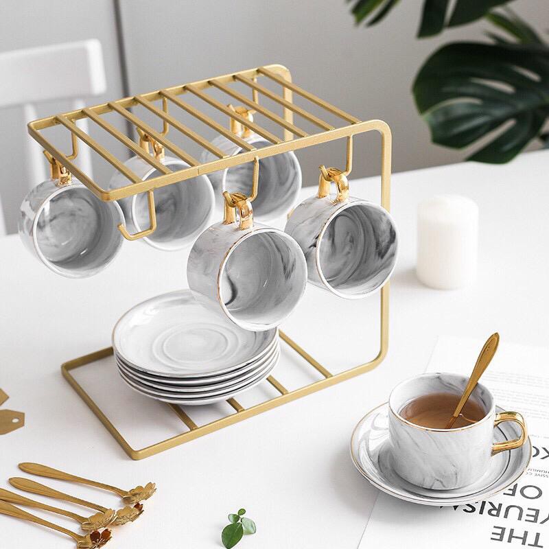 LYS#GMG Cangkir Set Marble 6 PCS dengan Gantungan Cangkir / Cangkir Kopi / Teh Set / Gelas Set