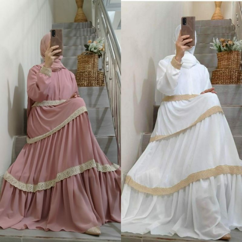 Gamis Ceruty Mewah Elegan 2021 Motif Renda Susun 3 Dewasa Busui Baju Gamis Modern Glamor Premium Sya