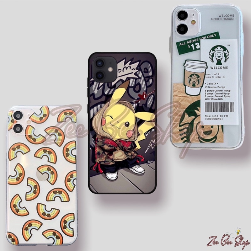 Soft Case Motif Rainbow Pokemon Pikachu Starbucks iPhone SE 2020 2022 7 8 Plus X Xr Xs Max 11 12 Min