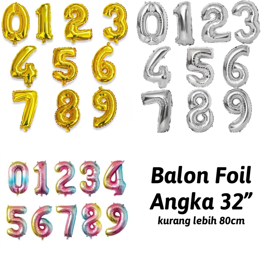 Balon Foil Angka Gold / Silver / Rainbow / Black Ukuran 80 cm / 32 inch / Balon Angka 80cm