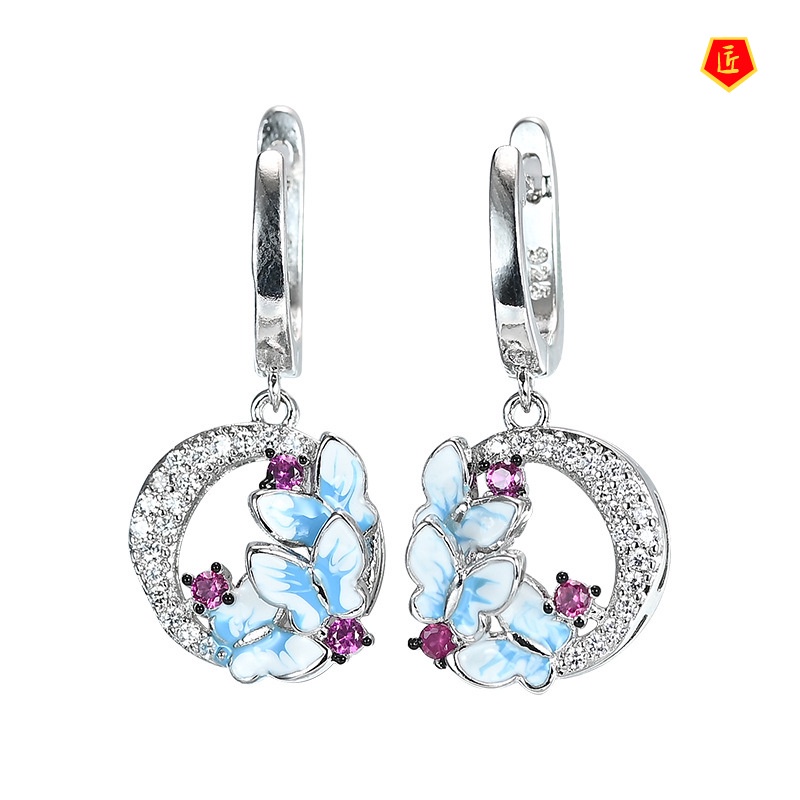 [Ready Stock]New Three Blue Butterfly Earrings Full of Diamonds Exquisite Luxury