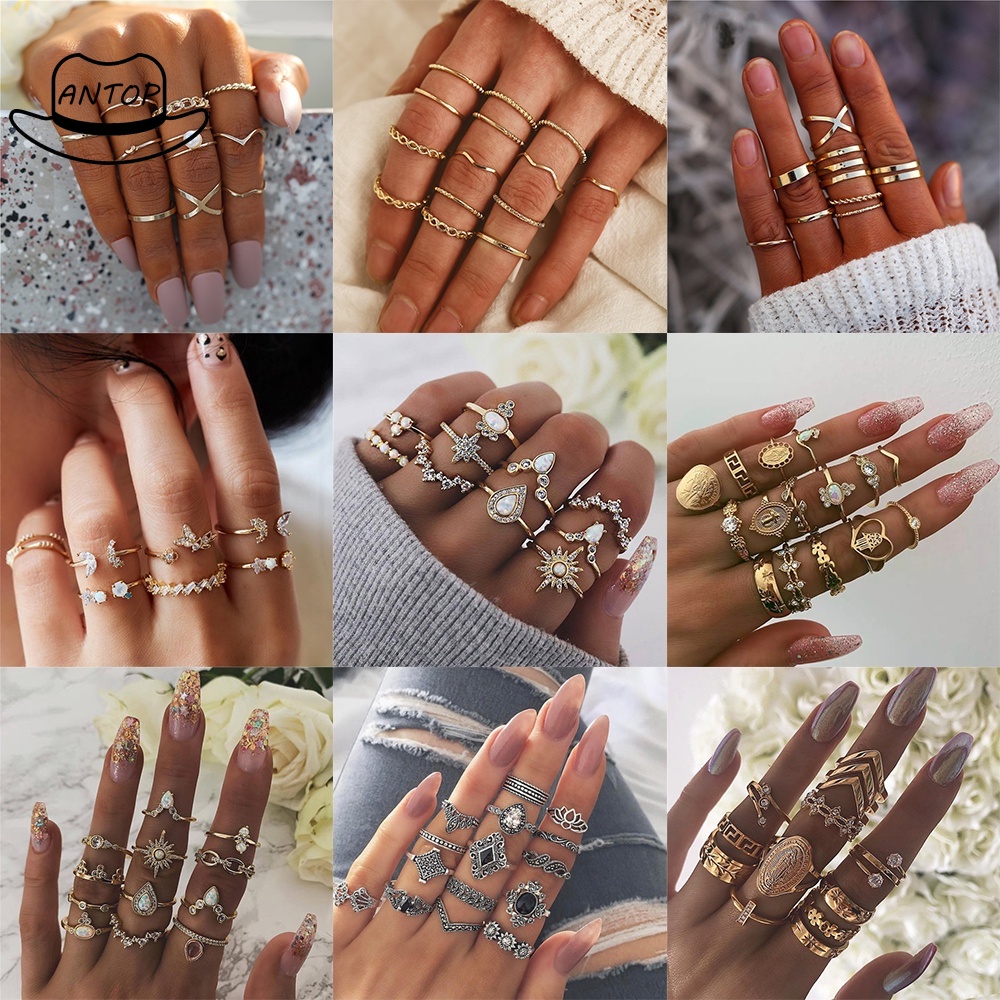 BUTTERFLY Set Perhiasan Cincin Bentuk Kupu-Kupu Bintang Bulan Warna Emas Gaya Retro Bohemian Untuk Wanita ANTOP