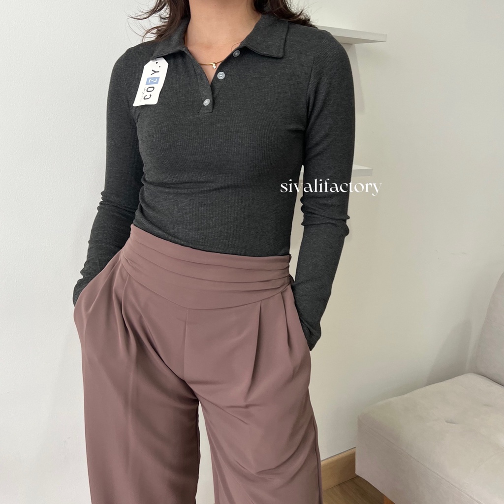 SIVALI INDY Polo Knit Top Longsleeve Shirt Lengan Panjang Atasan Rajut Fit Body