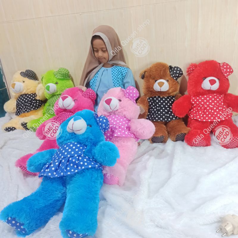 Boneka Teddy bear topi baju polkadot TANGGUNG 60cm