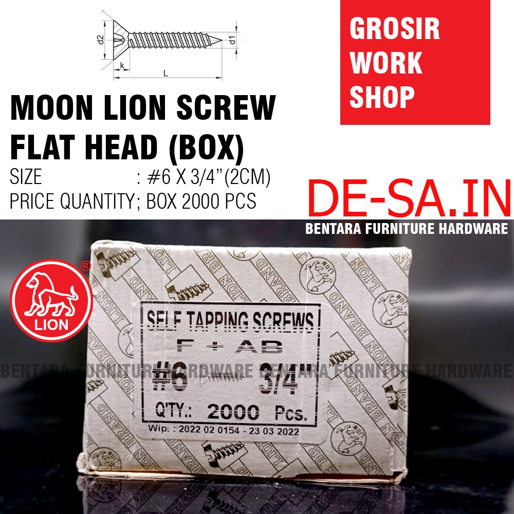 (GROSIR) #6 x 20 #6 X 19 MM Moon Lion Box 2000 PCS Skrup Tapping Screw (Sekrup Lion #6 X 3/4&quot;) (WORKSHOP)