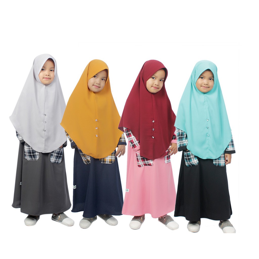 Salim Moslem – Baru Dan Original- Busana Muslim/Gamis Anak Syari Set Kerudung Variasi Motif Kotak