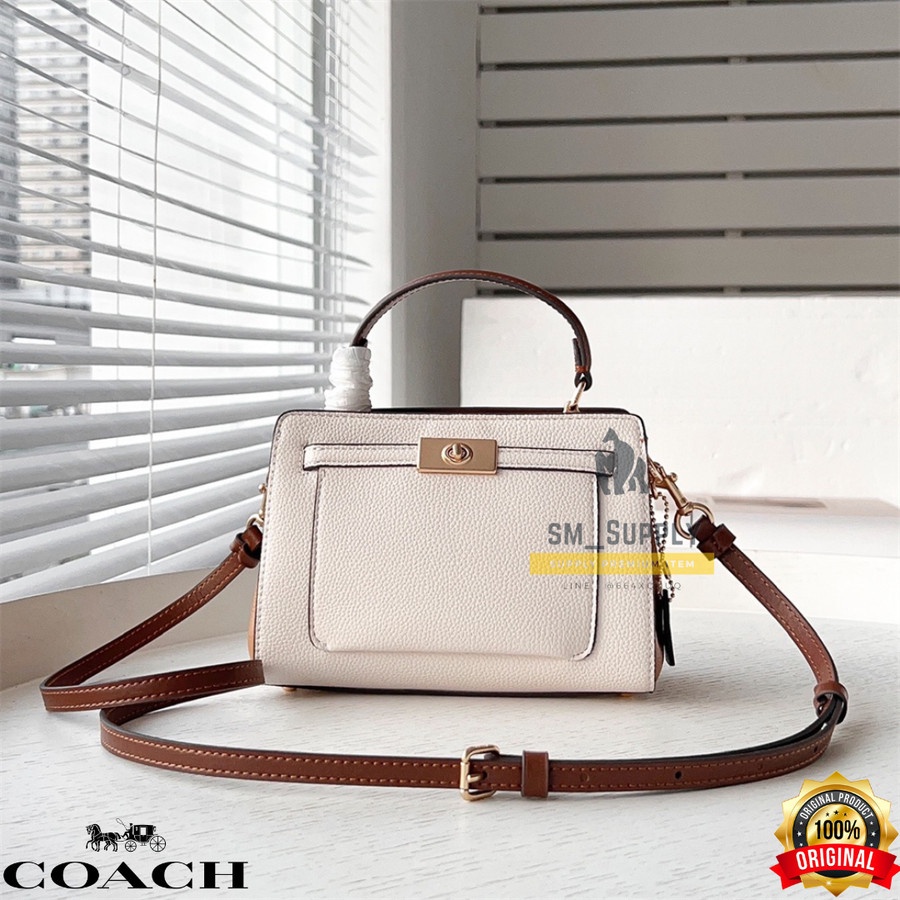 TAS WANITA COACH MINI LANE TOP HANDLE WHITE PLAIN LEATHER C8319