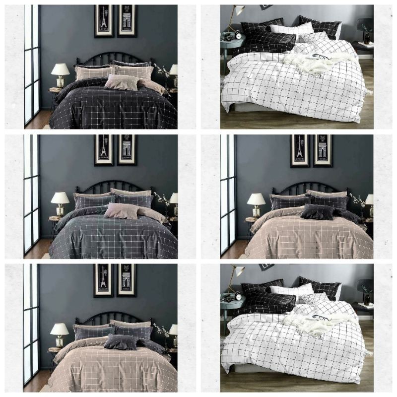 SPREI ANTI GESER | SPREI MOTIF KOTAK HITAM PUTIH ABU CREAM | KATUN LOKAL UKURAN KING QUEEN SINGLE