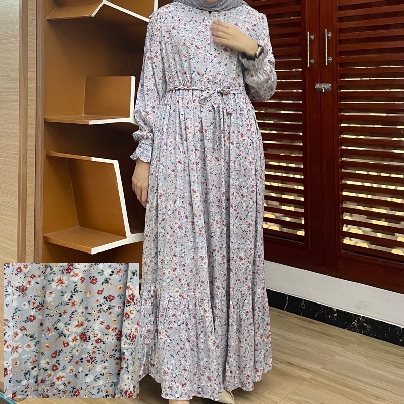 [SIZE STANDAR VOL 1] Floral dress maxi dress panjang gaun casual bunga wanita-Powder blue