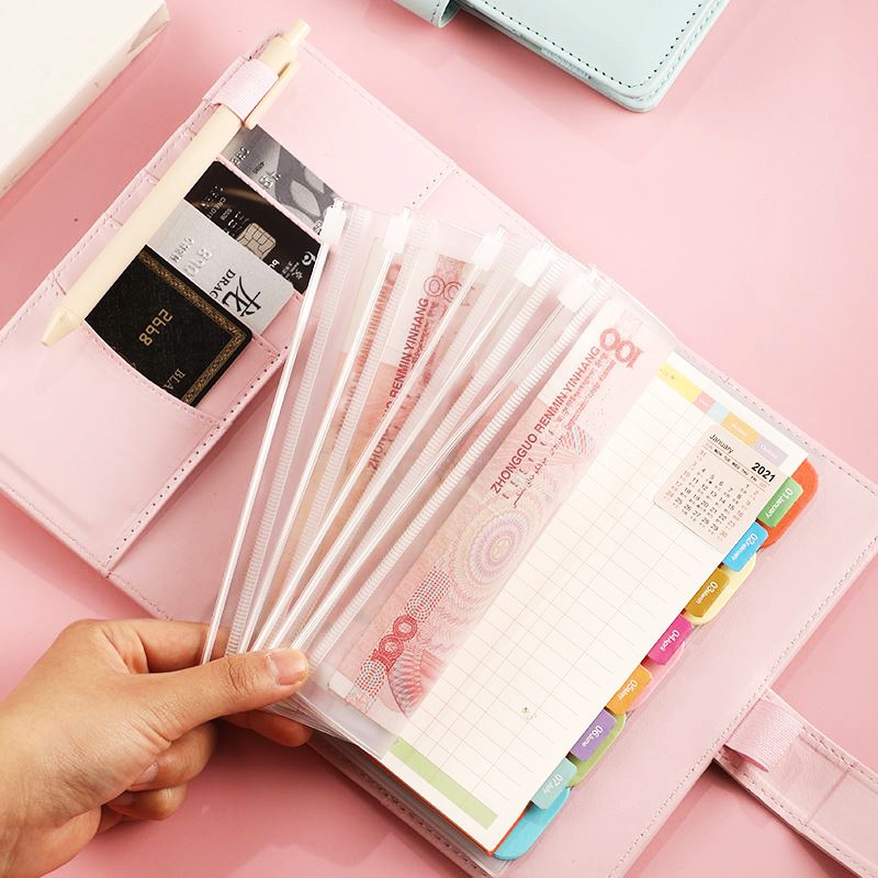 A6 Notebook Binder Budget Planner Organizer Cash Budget Envelope System Pu Leather with 12pcs Zipper Pockets and 2pcs Labels Stickers