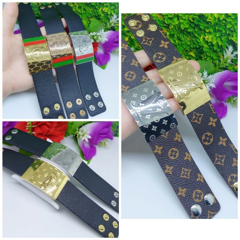 FF Gelang Kulit Kancing Titanium Branded CHENEL &amp; LV Import Premiun Anti Karat GL363