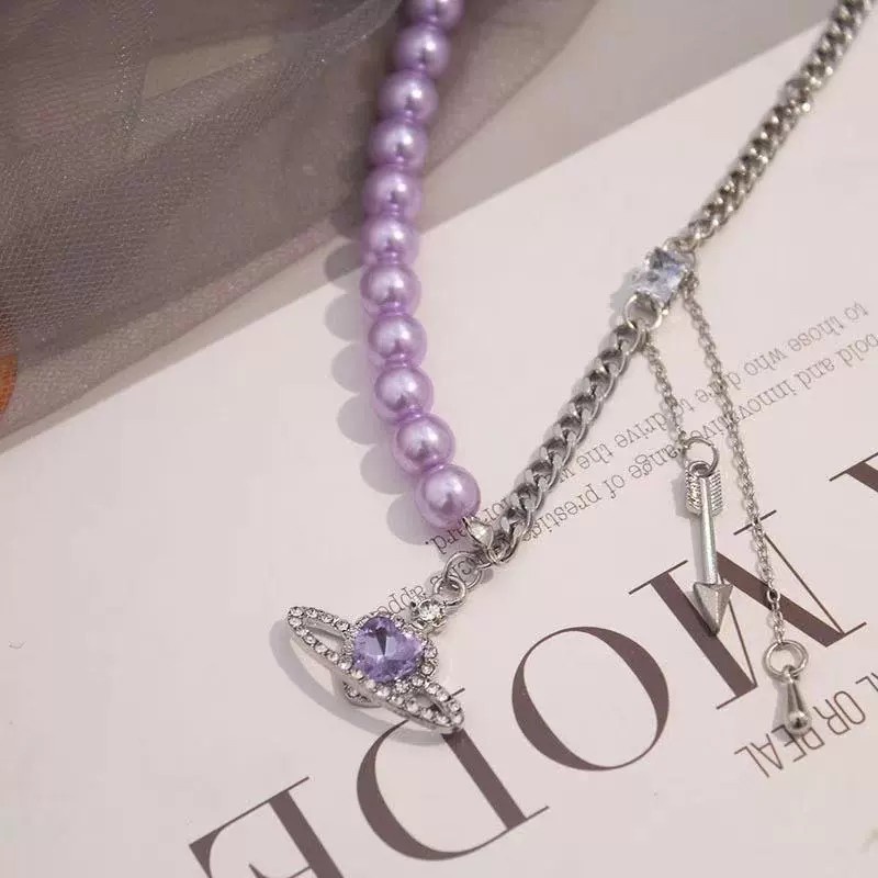 Purple Pearl Stitching Necklace Accessories Temperament Harajuku Love Planet Pendant