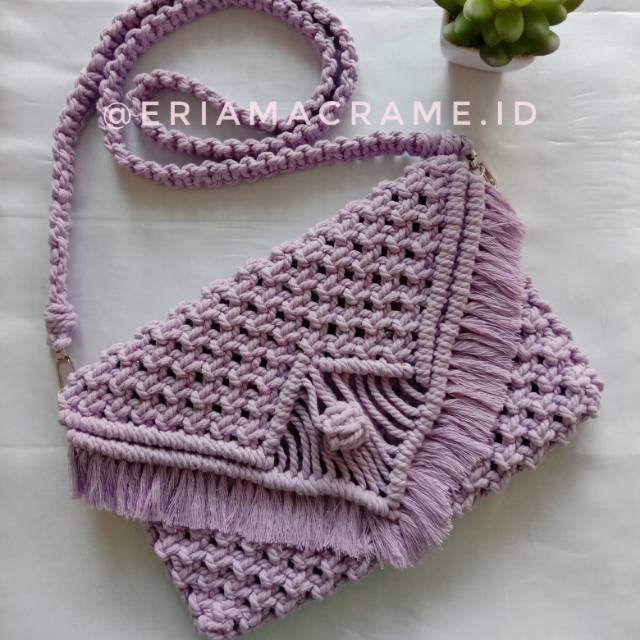 Macrame sling bag, tas selempang macrame, tas tangan warna purple lilac