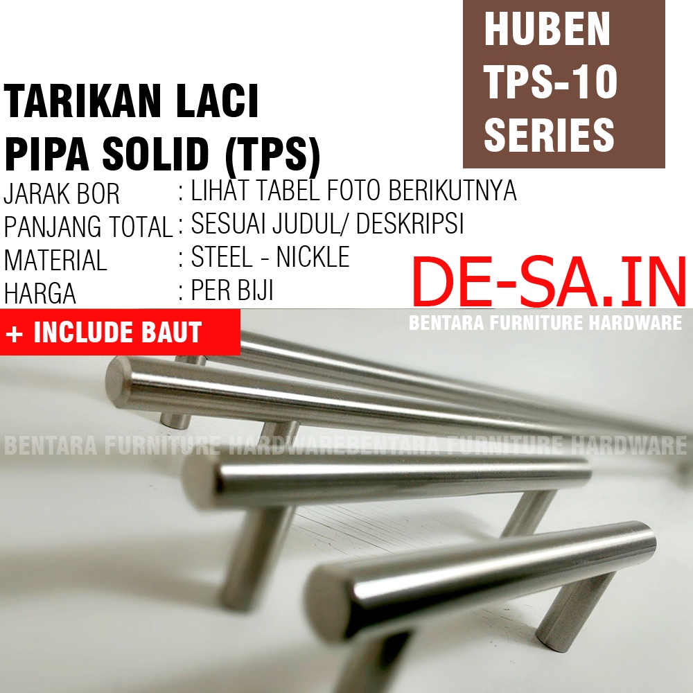 Huben TPS-10 464 MM - Handle Tarikan Pipa Solid Laci Meja Lemari Kabinet Gagang Pintu Minimalis Brush Nickel Steel Baja ( 38 - 46 - 47 cm )