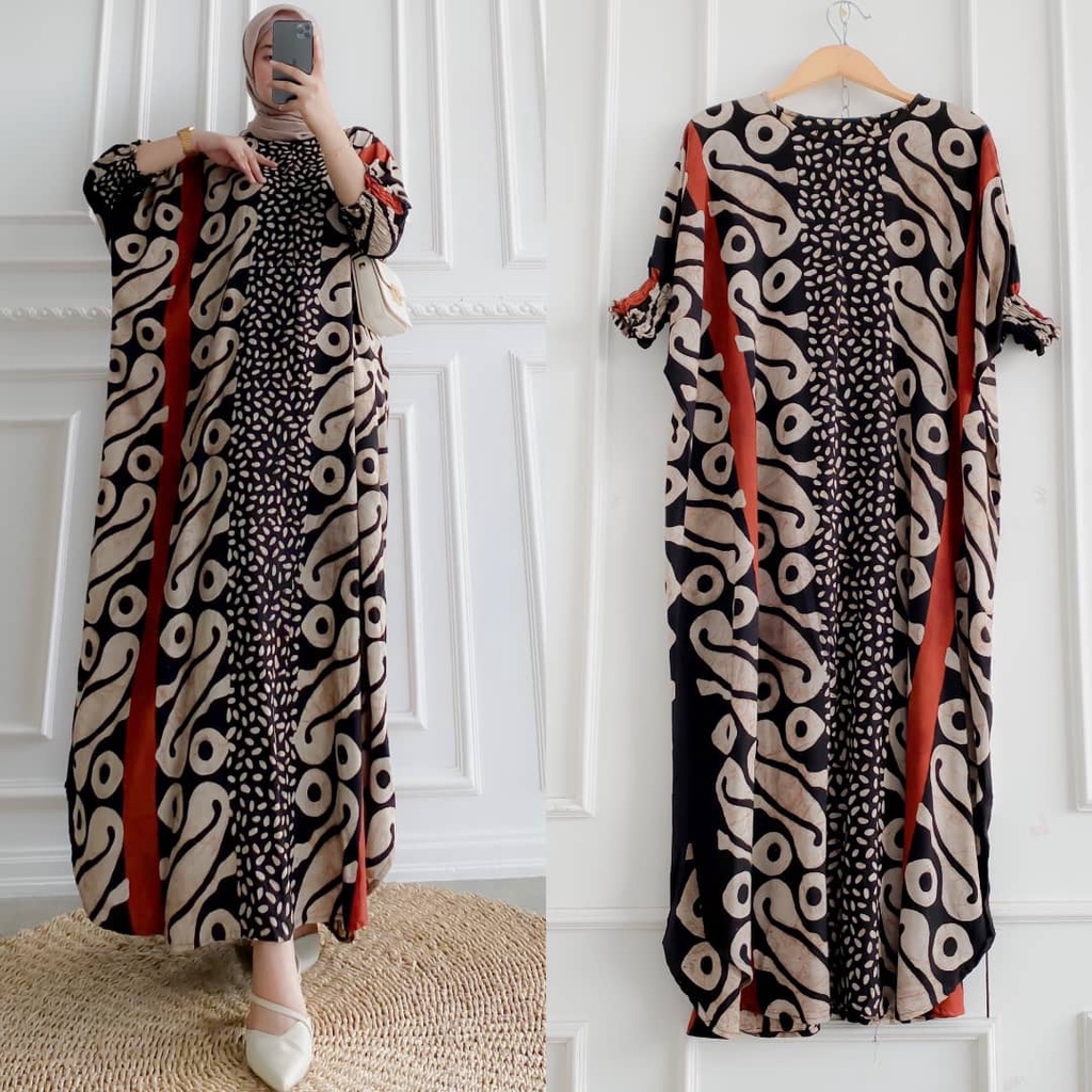 Batik A W - Mbayu Kaftan Batik Cap Encim Sogan Malaman Size Jumbo Busui Lengan 7/8 Kaftan Wanita / Kaftan Kondangan