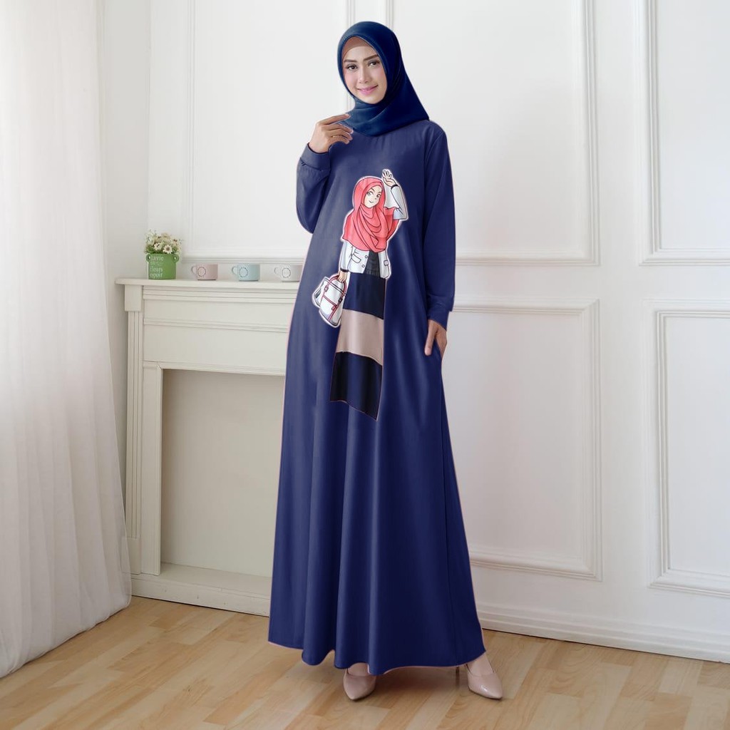 Gamis Wanita Motif Print Hijabers bahan Babytery Adem / Dress Wanita model Maxi SALE HOPYLOVY