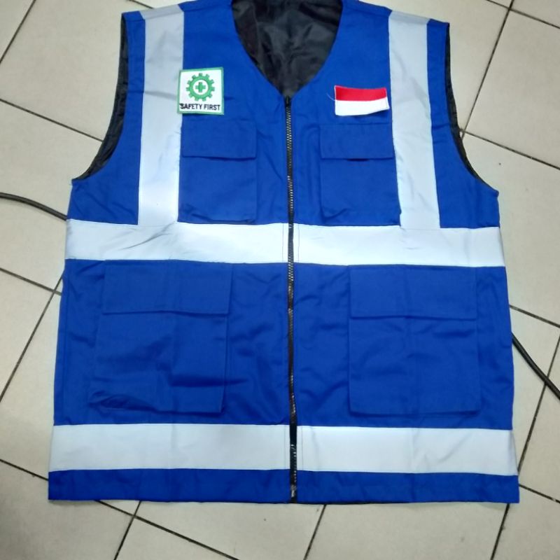 Rompi Safety Proyek K3 Resleting Logo Vest Pria Kerja Bahan Drill