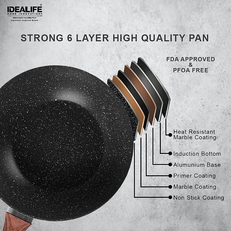 IDEALIFE Panci Wajan - Wok Cookware Marble Anti Lengket + Tutup Kaca Bonus Spatula 28cm IL-28WK / 30cm IL-30WK / 32cm IL-32WK