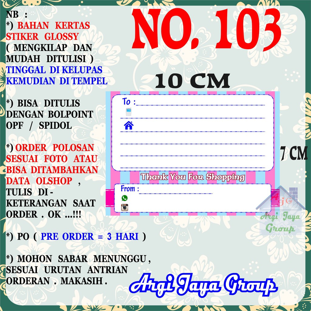 

Stiker Pengiriman - Sticker Alamat Olshop Murah Nomer 103 - 10x7 cm - Glossy