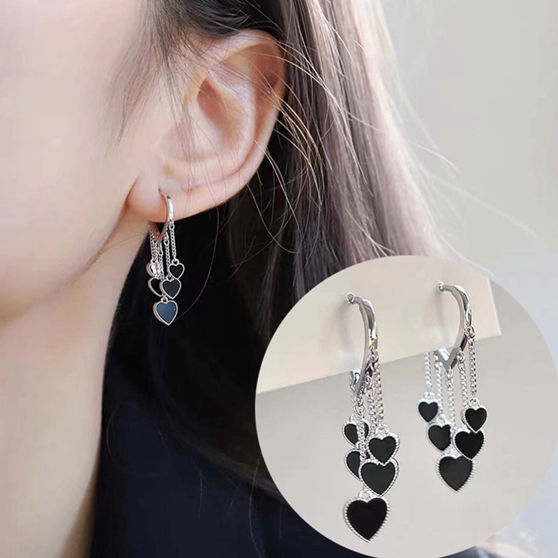 Anting Gantung Panjang Model Hati Dengan Rumbai Warna Hitam Untuk Wanita