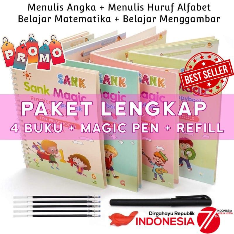 SANK Magic Pratice BOOK Alfabet 1 SET ISI 4 BUKU + PULPEN Buku Latihan Belajar Menulis Anak