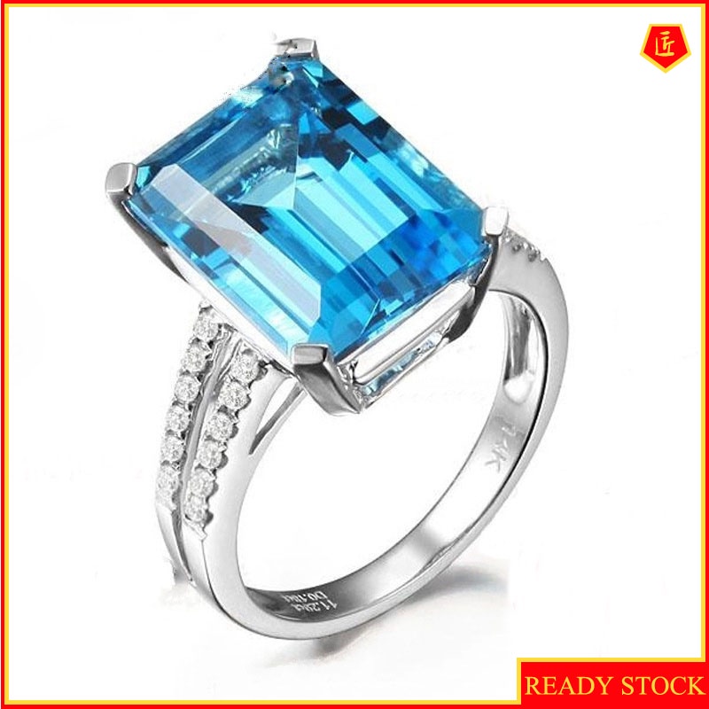 [Ready Stock]18K Topaz Square Aquamarine Ring Elegant and Fashionable