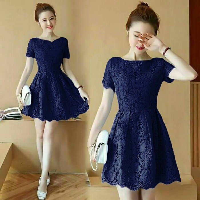 Termurah   Dress Brukat Amber Navy Dress Cewek Kekinian Dress Brukat Kekinian