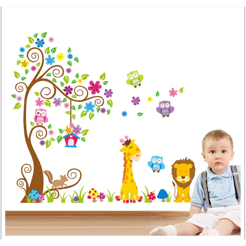 (TXXL) RELIZA WALLSTICKER POHON OWL ANIMAL BESAR ANAK KIDS SINGA JERAPAH STIKER DINDING JM7251