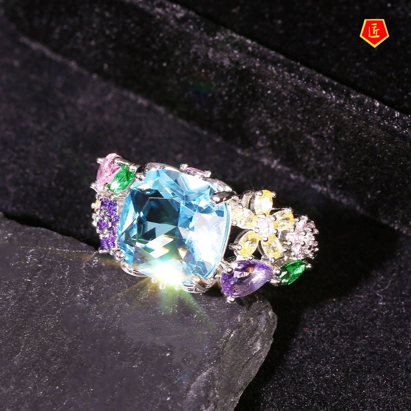 [Ready Stock]Inlaid Square Multi-Color Gemstone Ring