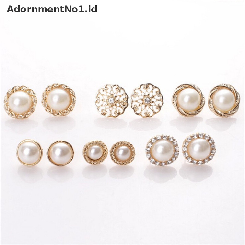 (AdornmentNo1) 6 Pasang / Set Anting Tusuk Motif Tanda + Mutiara + Berlian Imitasi Untuk Perhiasan Wanita (ID)