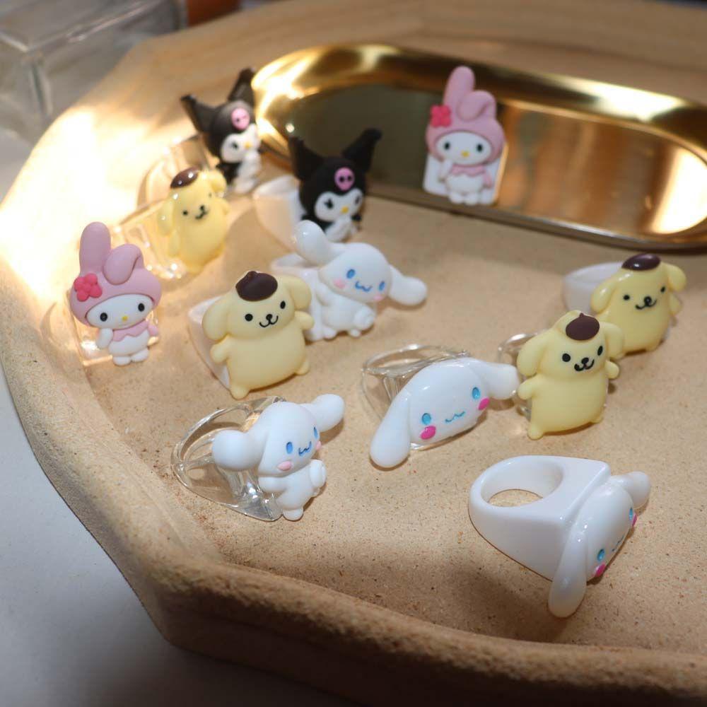 Mxbeauty Cincin Jari Desain Kartun My Melody Pudding Dog Kuromi Kelinci Bahan Resin Transparan Gaya Korea Untuk Wanita