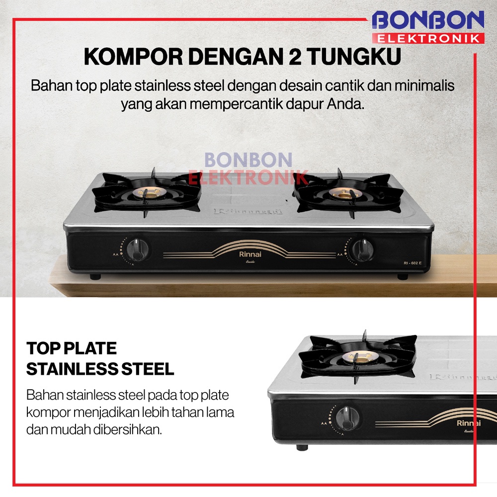 Rinnai Kompor Gas 2 Tungku RI-602E / RI 602 E / RI602E Stainless Steel