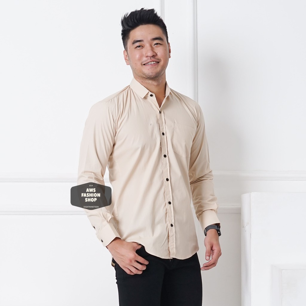 Kemeja Pria Lengan Panjang Polos Cream Krem Kemeja Slimfit Kemeja Polos Casual 819 - EightNineTeen