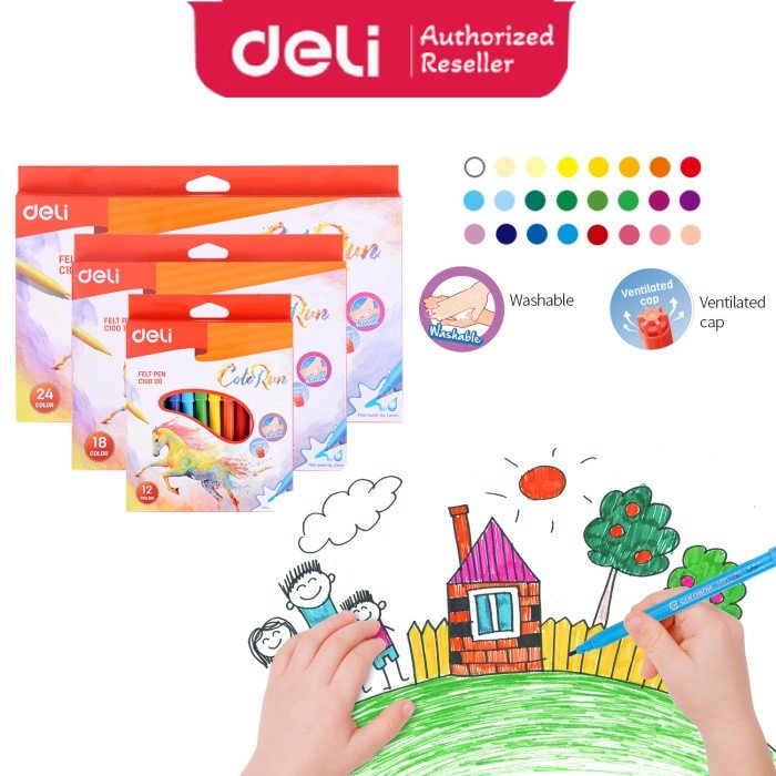 Deli EC10000 felt pen spidol 12 warna colors tidak beracun warna cerah