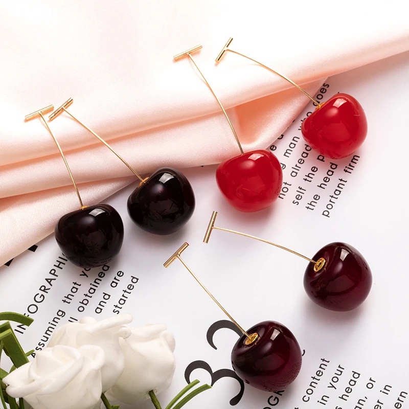 Anting Bentuk Buah Cherry Warna Merah Anggur Emas Gaya Korea Untuk Wanita