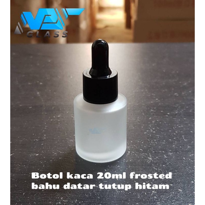 botol pipet kaca bening 20ml frosted bahu datar tutup hitam